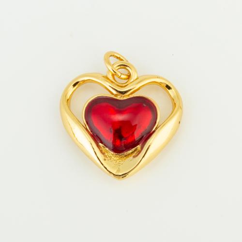 Pendant de cuivre de verre, laiton, avec Perceuse à eau en verre, coeur, Placage de couleur d'or, DIY, rouge Vendu par PC