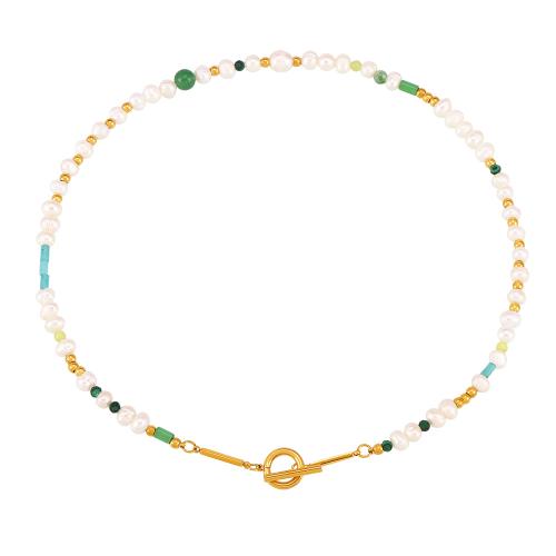 Collar de perlas de agua dulce de semi-piedras preciosas, acero inoxidable 304, con Piedra natural & Perlas cultivadas de agua dulce, chapado, Joyería & para mujer, dorado, longitud:aproximado 40 cm, Vendido por UD