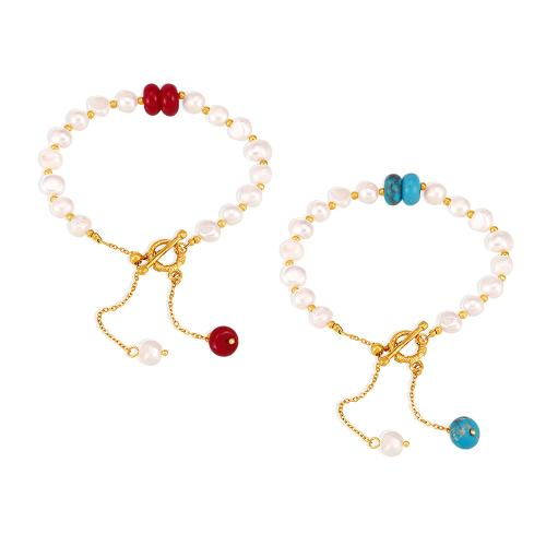 Gemstone Pearl Bracelets, Titanium Steel, with Natural Stone & Freshwater Pearl, plated, fashion jewelry & for woman Approx 18 cm [