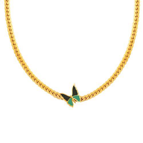 Collar de la joyería de titanio, Partículas de acero, con 5cm extender cadena, Mariposa, chapado, para mujer & esmalte, dorado, longitud:aproximado 35 cm, Vendido por UD