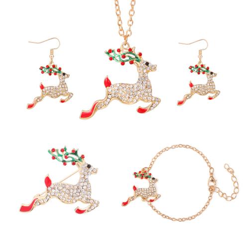 Enamel Zinc Alloy Jewelry Sets, brooch & bracelet & earring & necklace, plated & Christmas Design & for woman & with rhinestone 