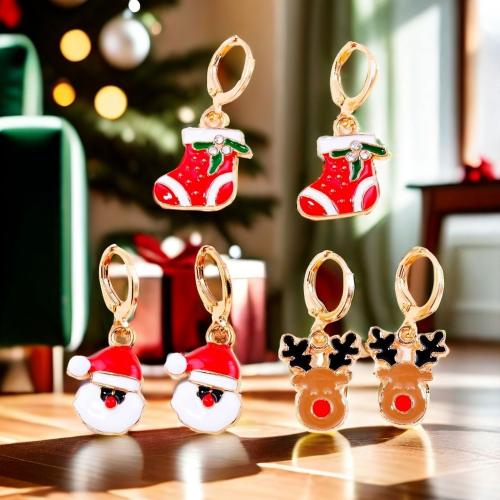 Christmas Earrings, Zinc Alloy, gold color plated & Christmas Design & for woman & enamel & with rhinestone 