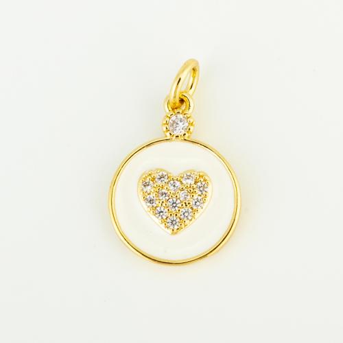 Cubic Zirconia Micro Pave Brass Pendant, Round, gold color plated, DIY & micro pave cubic zirconia & enamel, white 