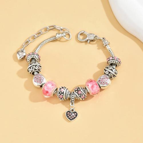 Zinc Alloy European Bracelet, with Lampwork, with 1.57 Inch extender chain, plated, fashion jewelry & for woman & with rhinestone, pink .87 Inch 