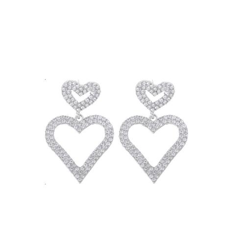 Boucle d'oreille de zinc alliage strass goutte, alliage de zinc, coeur, pour femme & avec strass & creux, argent, Vendu par paire