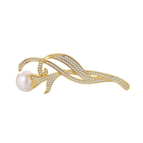 Cubic Zirconia Brooch, Brass, with Plastic Pearl, plated, micro pave cubic zirconia & for woman 