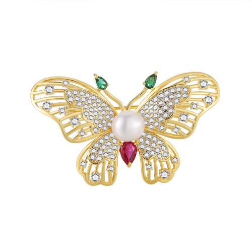 Cubic Zirconia Brooch, Brass, with Plastic Pearl, Butterfly, plated, micro pave cubic zirconia & for woman 