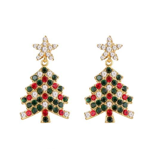 Boucles d'oreilles de Noël, laiton, arbre de noël, Placage, pavé de micro zircon & pour femme, plus de couleurs à choisir Vendu par paire