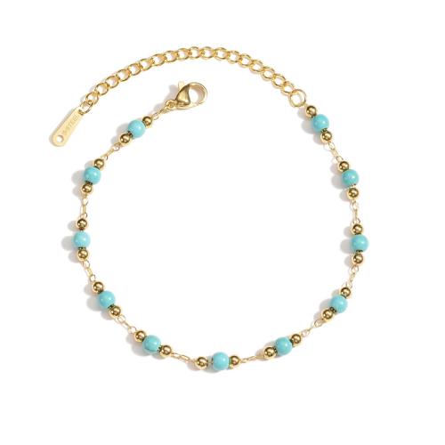 Stainless Steel Chain Bracelets, 304 Stainless Steel, with turquoise, plated, for woman, gold 