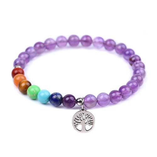 Piedras preciosas Pulsera, con acero inoxidable 304, Árbol de la vida, diferentes materiales para la opción & unisexo & hueco, longitud:aproximado 7 Inch, Vendido por UD