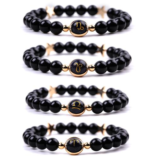 pierre noire bracelet, avec pierre bleue d'or & alliage de zinc, 12 Signes du Zodiaque, unisexe & styles différents pour le choix Environ 7.3-7.5 pouce, Vendu par PC