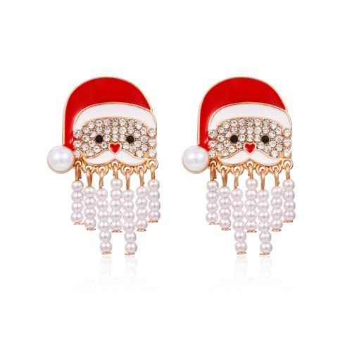 Boucles d'oreilles de Noël, alliage de zinc, avec perle de plastique, le père noël, Placage de couleur d'or, Conception de Noël & bijoux de mode & pour femme & émail & avec strass Vendu par paire