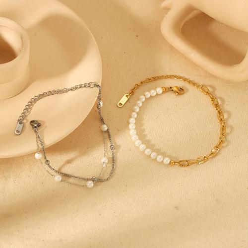 Titanium Steel Bracelet, with Plastic Pearl, plated, fashion jewelry 