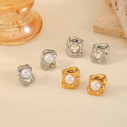 Titanium Steel Stud Earring, with Plastic Pearl, plated, fashion jewelry 