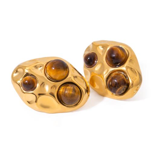 Edelstahl Stud Ohrring, 304 Edelstahl, mit Tigerauge, goldfarben plattiert, Modeschmuck, goldfarben, 22.4x15.8mm, verkauft von Paar