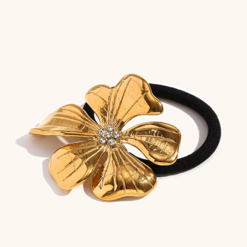 Ponytail Holder, 304 Stainless Steel, with Rubber Band, Flower, plated, for woman & with rhinestone 