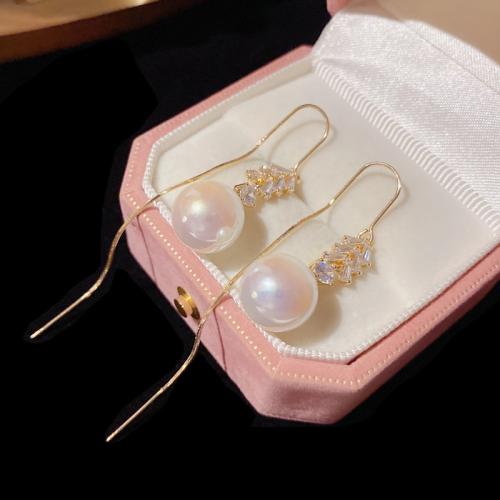 Boucles d'oreilles en laiton zircon cubique pavent, avec perle de plastique, Plaqué d'or, pavé de micro zircon & pour femme, Or Vendu par paire