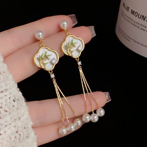 Cubic Zirconia Micro Pave Brass Earring, with Shell & Plastic Pearl, real gold plated, micro pave cubic zirconia & for woman & enamel, gold 