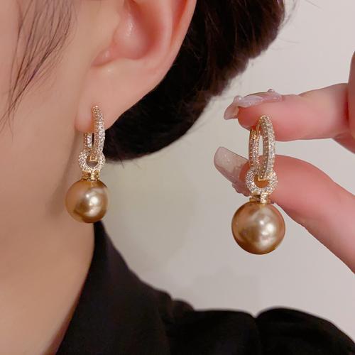 Boucles d'oreilles en laiton zircon cubique pavent, avec perle de plastique, Plaqué d'or, pavé de micro zircon & pour femme, Or Vendu par paire