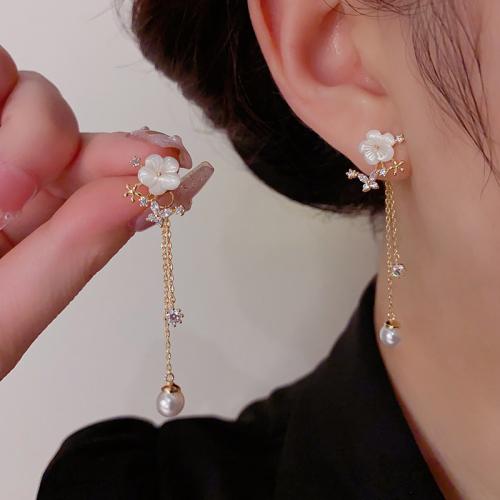 Boucles d'oreilles en laiton zircon cubique pavent, avec coquille & perle de plastique, Plaqué d'or, pavé de micro zircon & pour femme, Or Vendu par paire