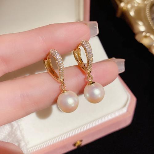 Cubic Zirconia Micro Pave Brass Earring, with Plastic Pearl, real gold plated, micro pave cubic zirconia & for woman, gold 