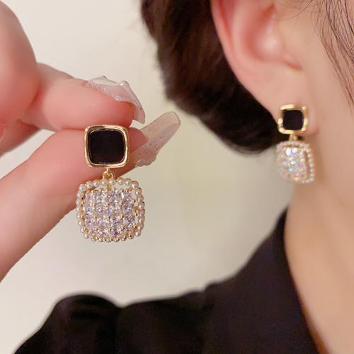 Boucles d'oreilles en laiton zircon cubique pavent, avec planche & perle de plastique, Plaqué d'or, pavé de micro zircon & pour femme, Or Vendu par paire