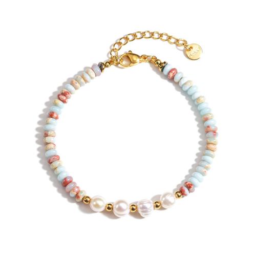 Gemstone Bracelets, 304 Stainless Steel, with Gemstone & Plastic Pearl, handmade & for woman 