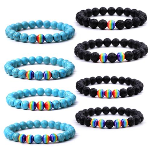 Jaspe d'arc-en-ciel bracelet, avec lave volcanique & turquoise synthétique, Rond, fait à la main, unisexe & styles différents pour le choix Environ 7.3-7.5 pouce, Vendu par PC