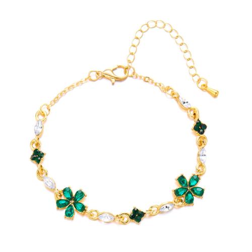 aleación de zinc Pulsera, con 1.97inch extender cadena, Flor, chapado en color dorado, para mujer & con diamantes de imitación, más colores para la opción, longitud:aproximado 7.09 Inch, Vendido por UD