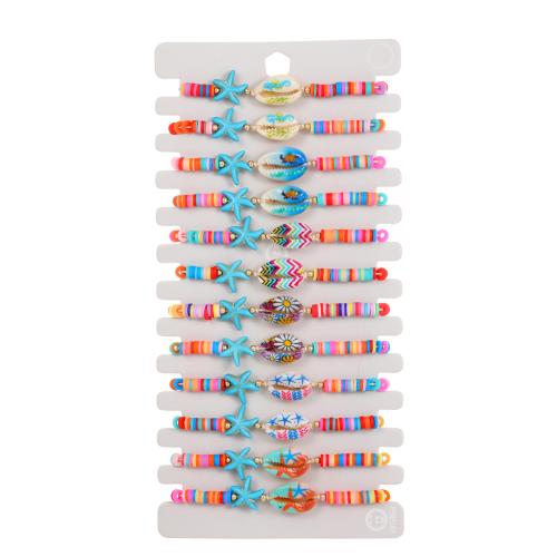 coquille Set de bracelet, avec argile de polymère & cordon de polyester & alliage de zinc, fait à la main, conception océan & pour femme, multicolore Environ 7-9 pouce, Vendu par fixé[