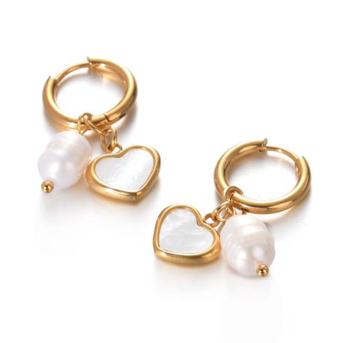 Huggie Hoop Drop Earring, 304 Stainless Steel, with Shell & Plastic Pearl, plated, for woman, gold [