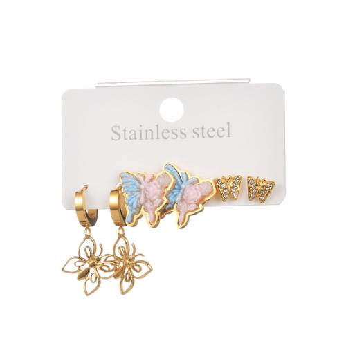 Stainless Steel Drop Earring, 304 Stainless Steel, with Resin, Butterfly, plated, three pieces & micro pave cubic zirconia & for woman, gold 