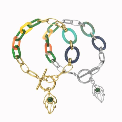 Stainless Steel Charm Bracelet, 304 Stainless Steel, with Malachite & Acrylic, plated, for woman 