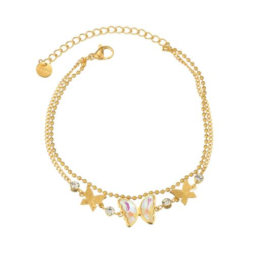 Acero inoxidable Pulsera con dijes, acero inoxidable 304, con Vidrio, Mariposa, chapado, micro arcilla de zirconia cúbica & para mujer, dorado, Vendido por UD