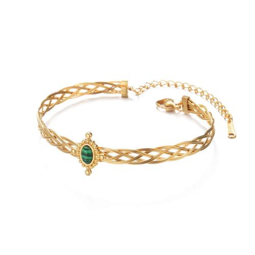 Acero inoxidable Pulsera con dijes, acero inoxidable 304, con Malachita, chapado, para mujer, dorado, Vendido por UD