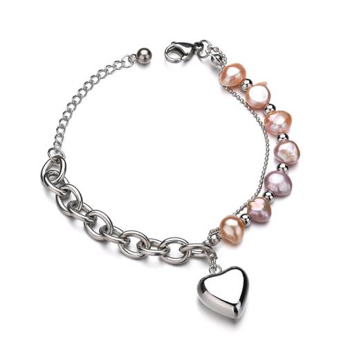 Stainless Steel Charm Bracelet, 304 Stainless Steel, with Plastic Pearl, plated, for woman, platinum color Approx 22 cm 