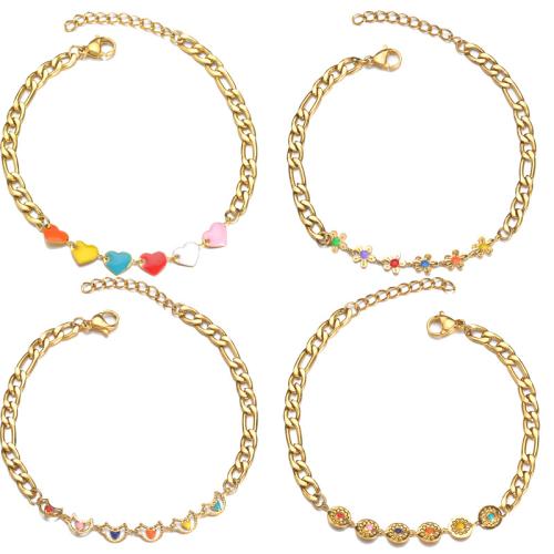 Acero inoxidable Pulsera con dijes, acero inoxidable 304, chapado, diferentes estilos para la opción & para mujer & esmalte, dorado, Vendido por UD