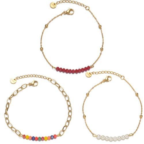 Acero inoxidable Pulsera con dijes, acero inoxidable 304, con Piedras preciosas & Perlas plásticas, chapado, diferentes estilos para la opción & para mujer, dorado, Vendido por UD[