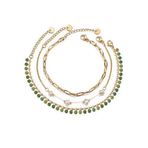 Stainless Steel Chain Bracelets, 304 Stainless Steel, with Plastic Pearl, plated, three pieces & for woman & enamel, gold 