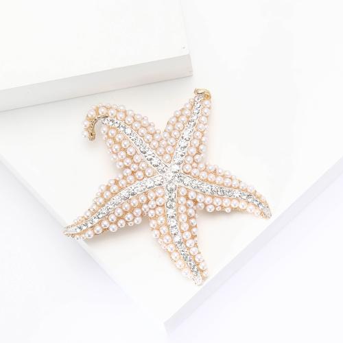 Broche de diamantes de imitación de la aleación de Zinc, con Perlas plásticas, Estrella de Mar, chapado, Joyería & con diamantes de imitación, dorado, 69x68mm, Vendido por UD