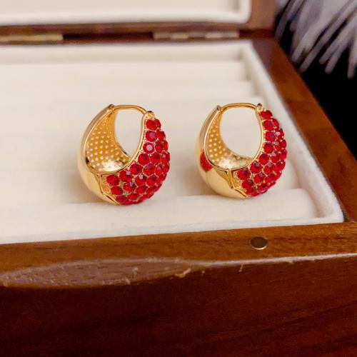 Cubic Zirconia Pendiente Brass Micro Pave, metal, chapado en oro real, micro arcilla de zirconia cúbica & para mujer, Rojo, 19x15mm, Vendido por Par