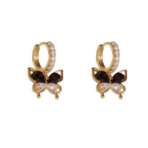 Boucles d'oreilles en laiton zircon cubique pavent, papillon, Plaqué d'or, pavé de micro zircon & pour femme, Or Vendu par paire