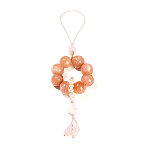 Orange Moonstone Hanging Ornaments, with Queen Conch Shell & Polyester Cord & Plastic Pearl, Flower, handmade, folk style & for woman, beads length 12mm Approx 17 cm 