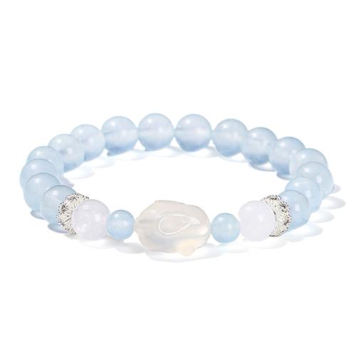 calcédoine bleu bracelet, avec agate blanche & laiton, lapin, fait à la main, bijoux de mode & pour femme, beads length 8mm, 10mm Environ 6-8 pouce, Vendu par PC