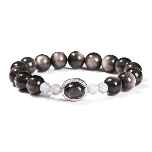 Argent-Obsidienne bracelet, avec Pierre de chance d’or & Pierre de lune bleue & alliage de zinc, fait à la main, bijoux de mode & unisexe, beads length 10mm, 6mm Environ 6-8 pouce, Vendu par PC