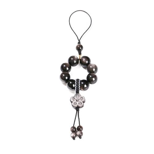 Silver Obsidian Hanging Ornaments, with Polyester Cord, Flower, handmade, vintage & for woman, beads length 12mm Approx 18 cm 