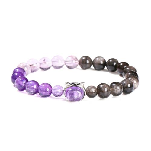 Silver Obsidian Bracelet, with Amethyst & Zinc Alloy, Cat, handmade, fashion jewelry & for woman, beads length 8mm, 6mm Approx 6-7 Inch 