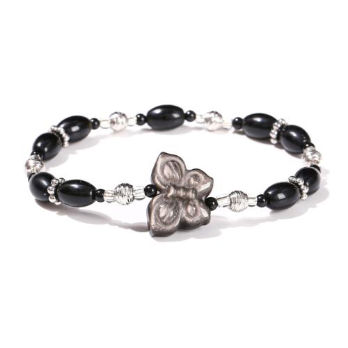 Obsidienne bracelet, avec Argent-Obsidienne & Acier inoxydable 304, papillon, fait à la main, bijoux de mode & pour femme, beads size 3mm Environ 6-7 pouce, Vendu par PC