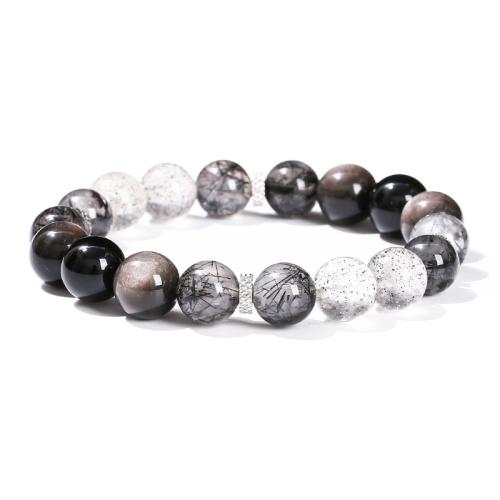 Argent-Obsidienne bracelet, avec Obsidienne & Quartz rutile noir & Strawberry Quartz & Acier inoxydable 304, Rond, fait à la main, bijoux de mode & pour homme, beads length 10mm Environ 7-8 pouce, Vendu par PC