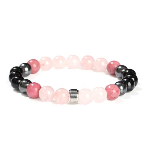 Quartz rose de Madagascar bracelet, avec Hématite & agate noire & Acier inoxydable 304, Rond, fait à la main, normes différentes pour le choix & pour femme Environ 6-7 pouce, Vendu par PC